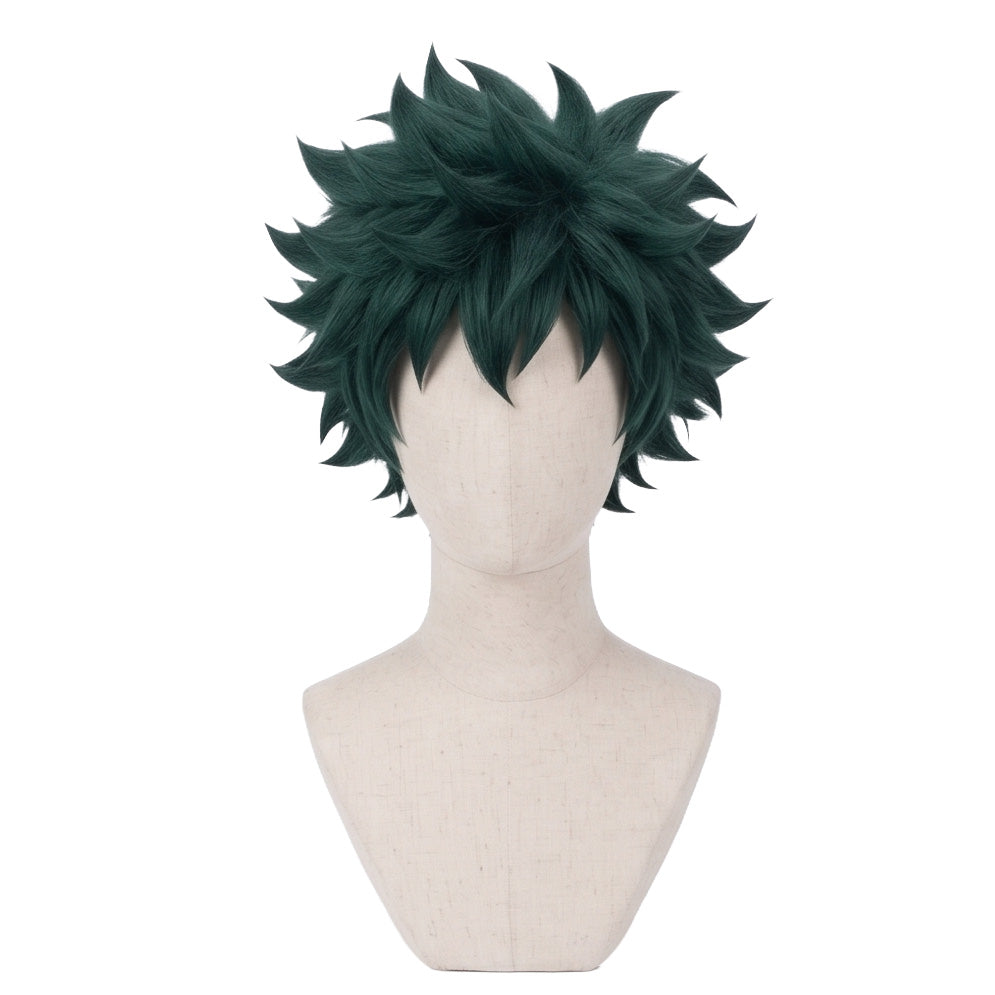 Deku cosplay wig styled with signature spiky green curls inspired by Izuku Midoriya from My Hero Academia