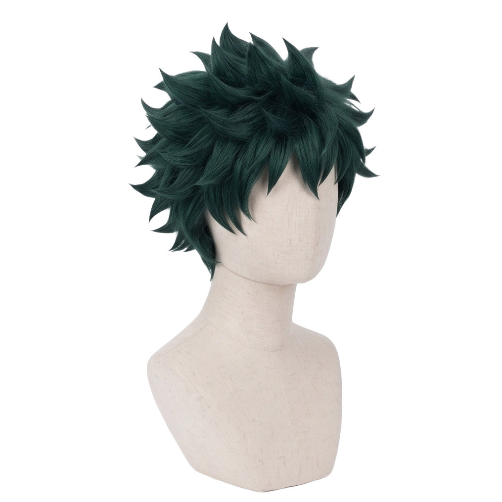 Side angle of Izuku Midoriya cosplay wig highlighting spiky textured layers
