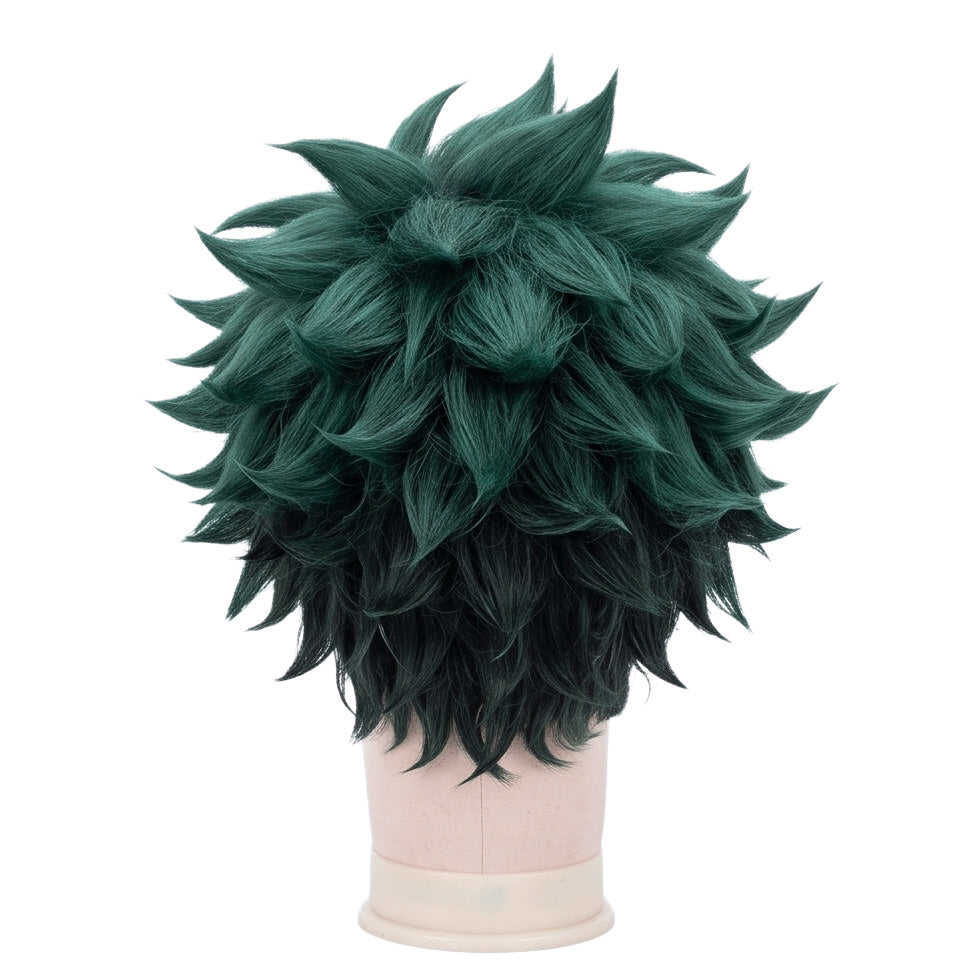 Back view of short green Deku cosplay wig with unstyled fibers