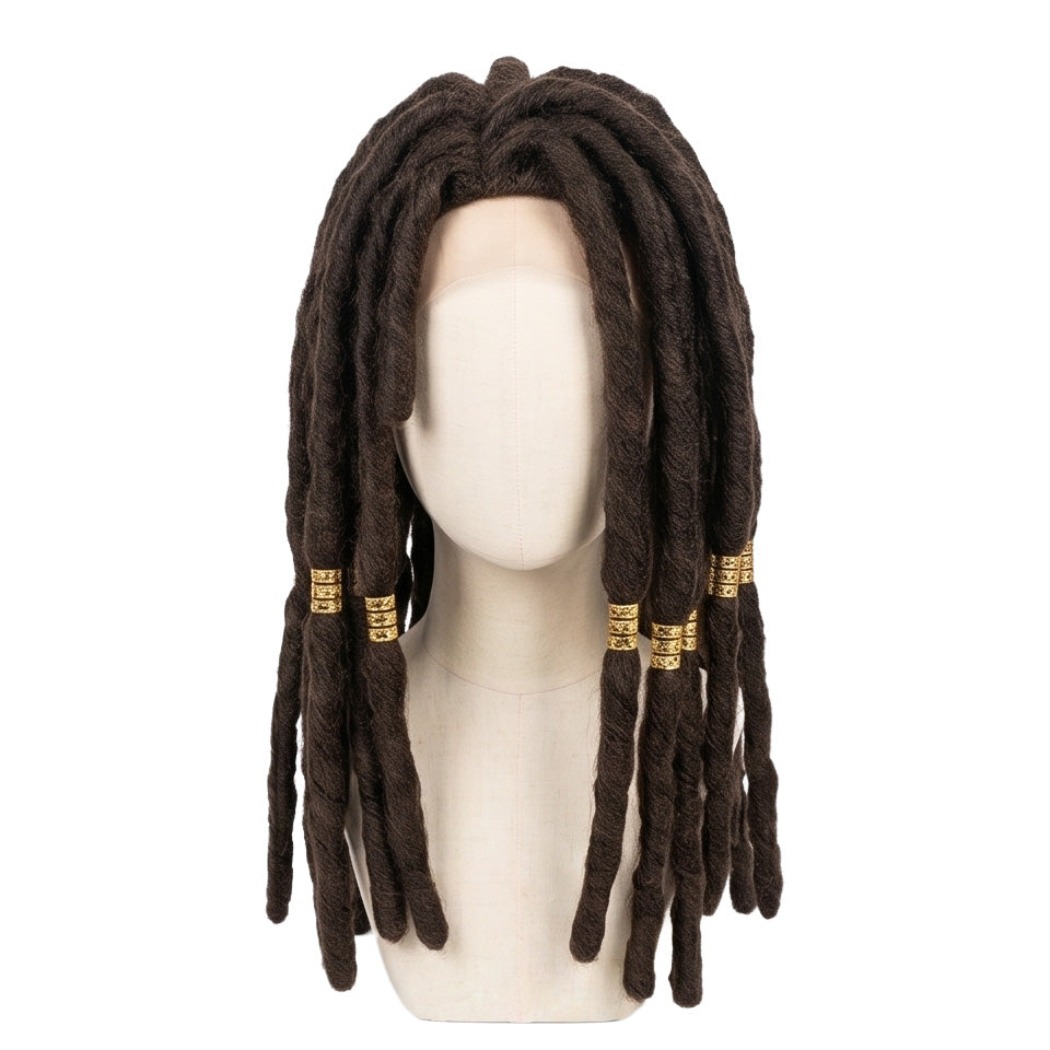 Jabber Wonger cosplay wig from Gachiakuta featuring handcrafted extra-long dark brown wicks with golden ring decorations and a dramatic manga-inspired hairstyle