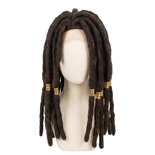 Jabber Wonger cosplay wig from Gachiakuta featuring handcrafted extra-long dark brown wicks with golden ring decorations and a dramatic manga-inspired hairstyle