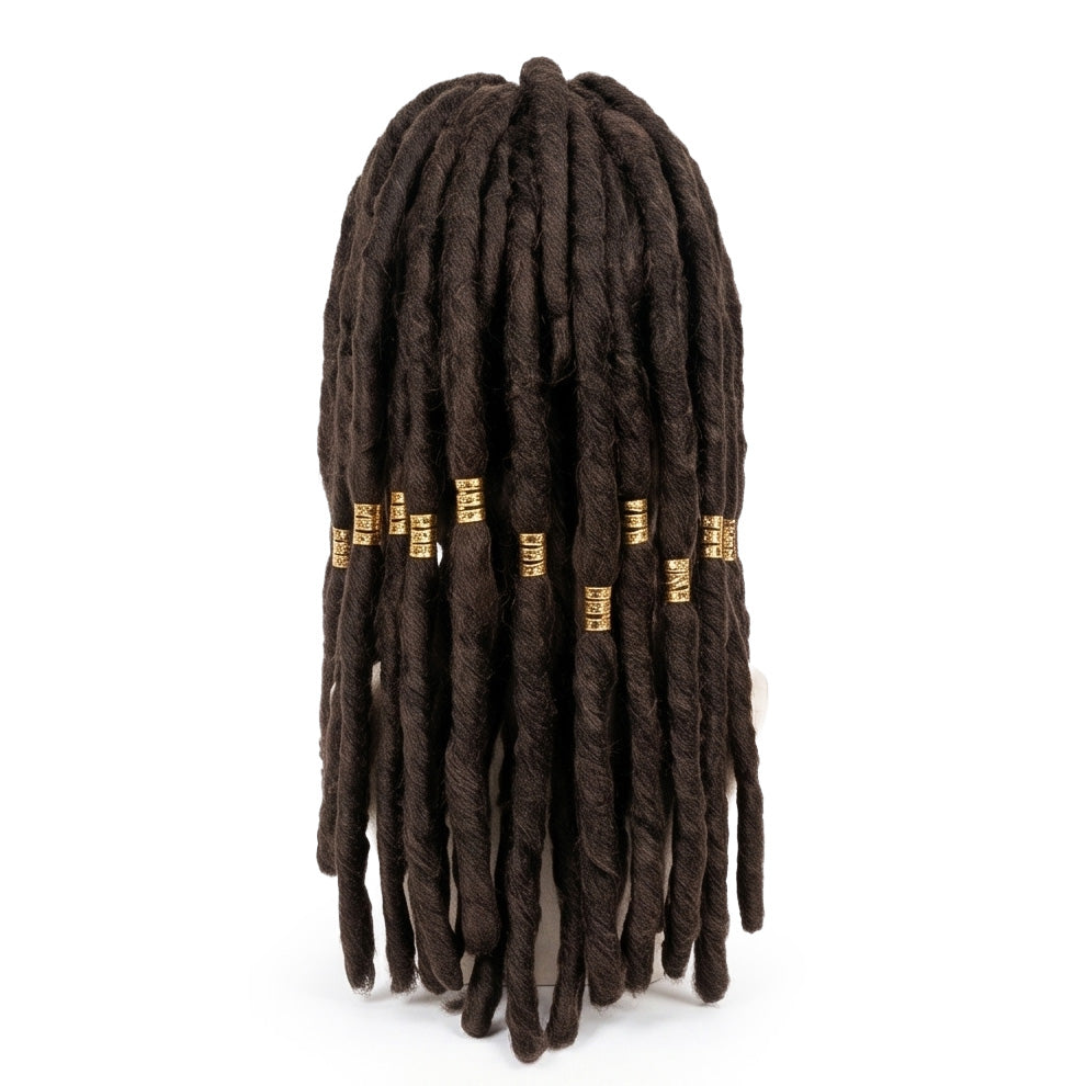 Back view of Jabber Wonger cosplay wig featuring flowing extra-long dark brown wicks, multiple golden ring decorations, and a detailed fantasy manga hairstyle