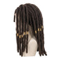 Left side view of Jabber Wonger wig showing long dark brown wick-style strands, detailed golden hair rings, and professionally styled Gachiakuta cosplay hair