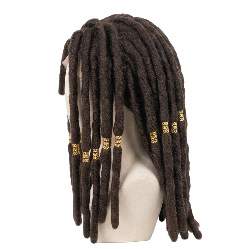 Left side view of Jabber Wonger wig showing long dark brown wick-style strands, detailed golden hair rings, and professionally styled Gachiakuta cosplay hair