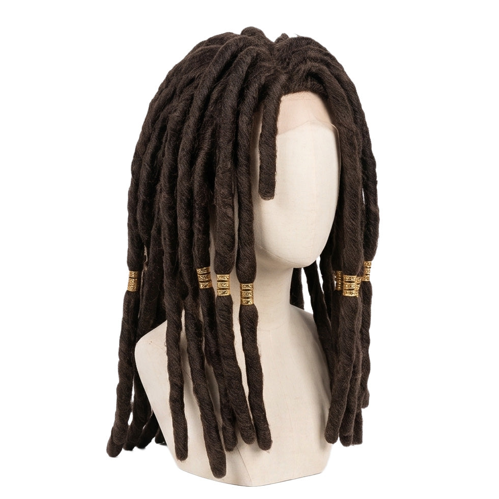 3/4 view of Jabber Wonger cosplay wig displaying extremely long dark brown textured wicks, golden ring accessories, and handcrafted character hairstyle design