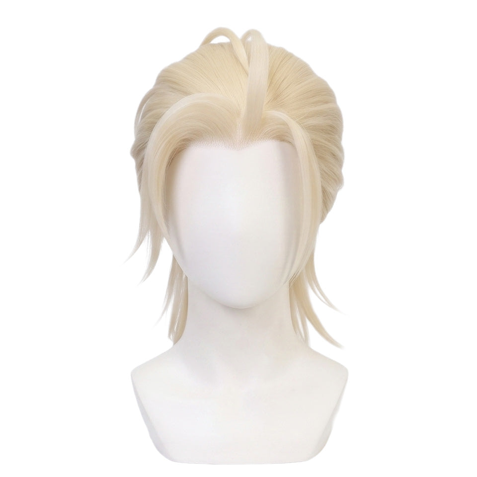 Jian Yi cosplay wig from 19 Days featuring pale blonde swept-back hair, long face-framing strands, curved top locks, and a low ponytail