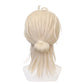 Back view of Jian Yi cosplay wig showing voluminous pale blonde swept-back hair, rounded low ponytail, long tapered lengths, and layered nape styling