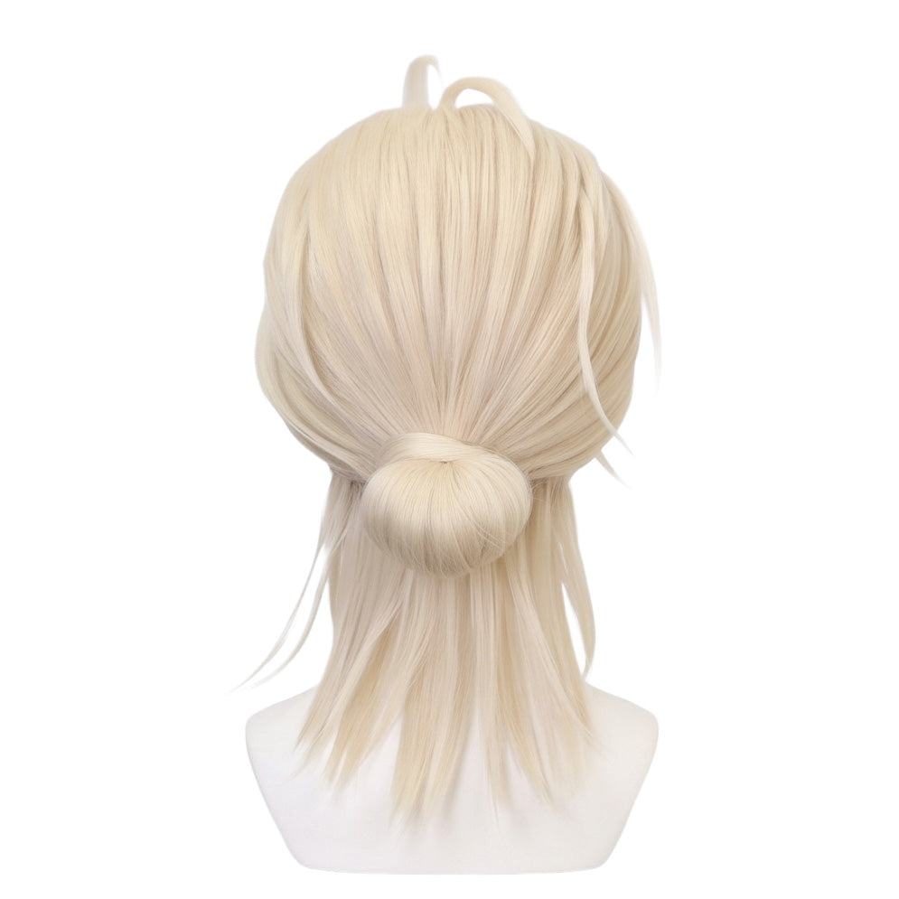 Back view of Jian Yi cosplay wig showing voluminous pale blonde swept-back hair, rounded low ponytail, long tapered lengths, and layered nape styling