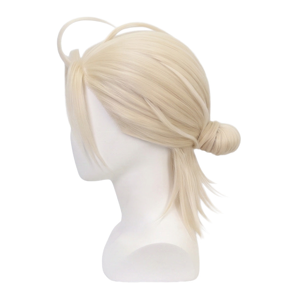 Left side view of Jian Yi wig showing pale blonde swept-back layers, curved face-framing strand, tapered side pieces, and low ponytail styling