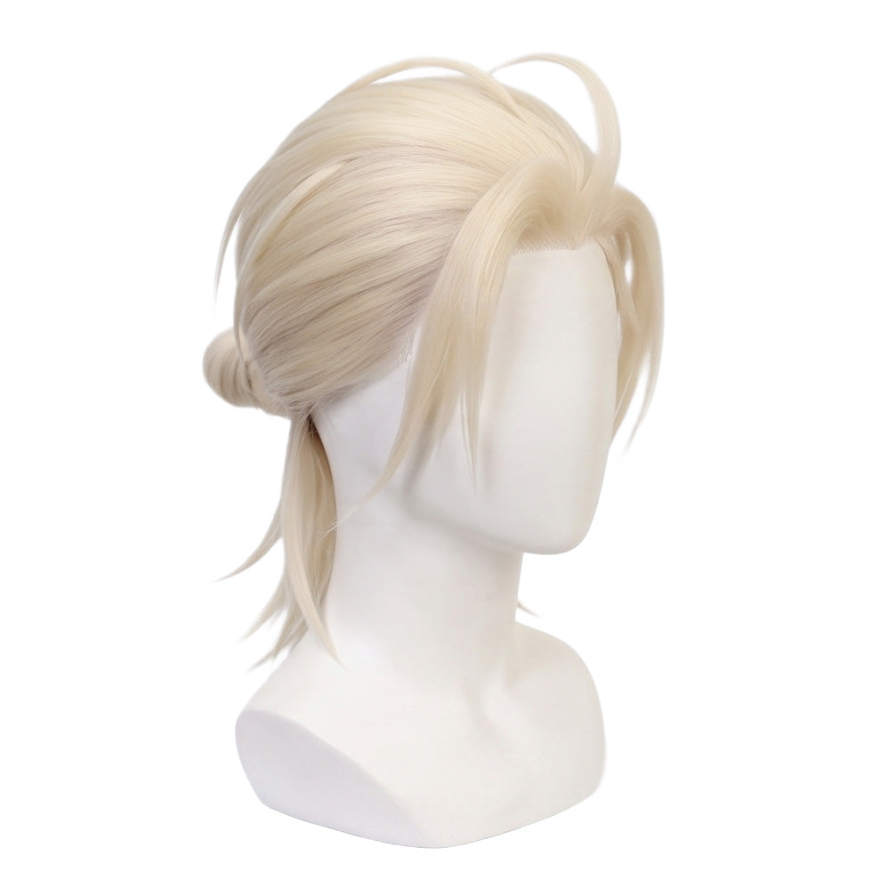 3/4 view of Jian Yi cosplay wig displaying voluminous pale blonde hair, swept-back crown, curved front locks, distinctive top strand, and low ponytail
