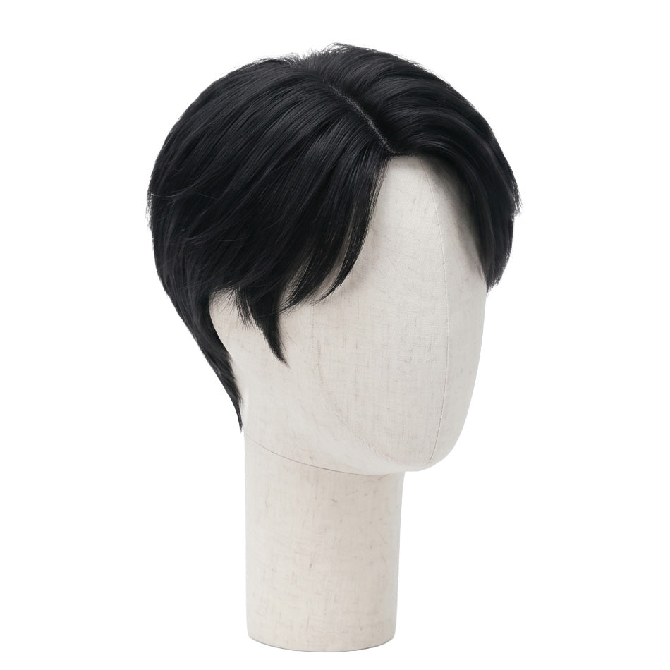 Three-quarter view of Jinu cosplay wig with thick black curtain bangs