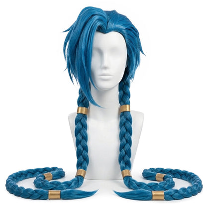 Front view of Jinx cosplay wig with vibrant blue hair and 1.5m braid