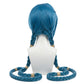 Back view of Jinx cosplay wig displaying dramatic twin braids