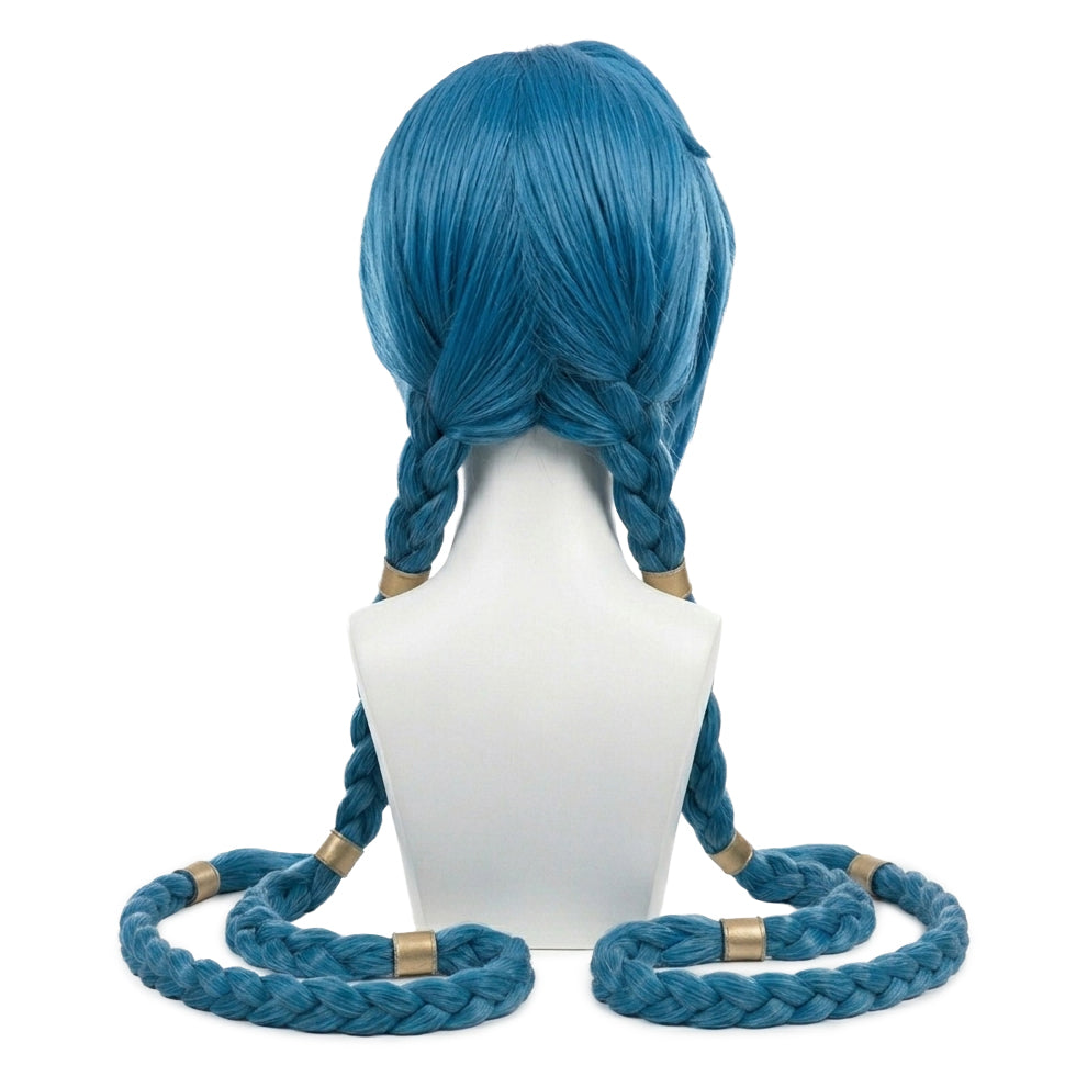 Back view of Jinx cosplay wig displaying dramatic twin braids