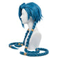 Left side view of Jinx cpsplay blue wig with braids on a mannequin head against a white background