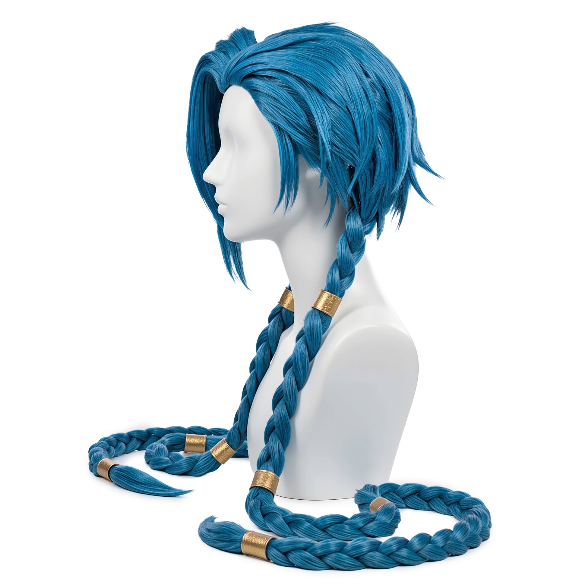 Left side view of Jinx cpsplay blue wig with braids on a mannequin head against a white background