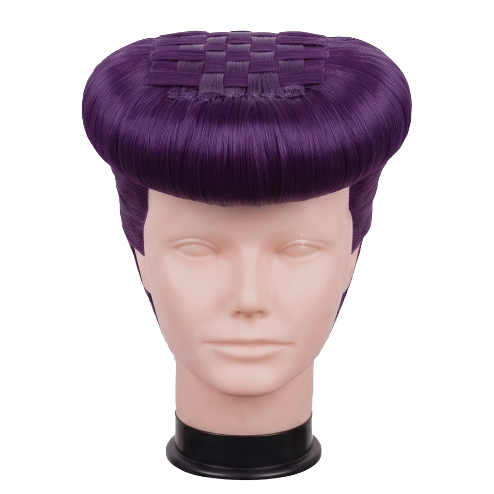 Josuke Higashikata cosplay wig from JoJo’s Bizarre Adventure featuring a handcrafted purple Elvis-style pompadour with dramatic volume and a smooth swept-back shape