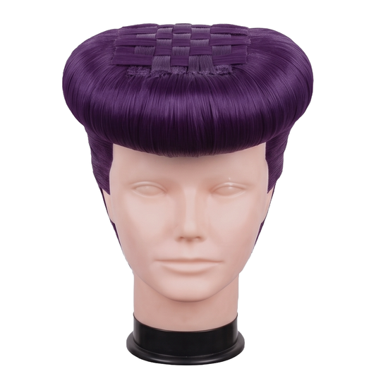 Josuke Higashikata cosplay wig from JoJo’s Bizarre Adventure featuring a handcrafted purple Elvis-style pompadour with dramatic volume and a smooth swept-back shape