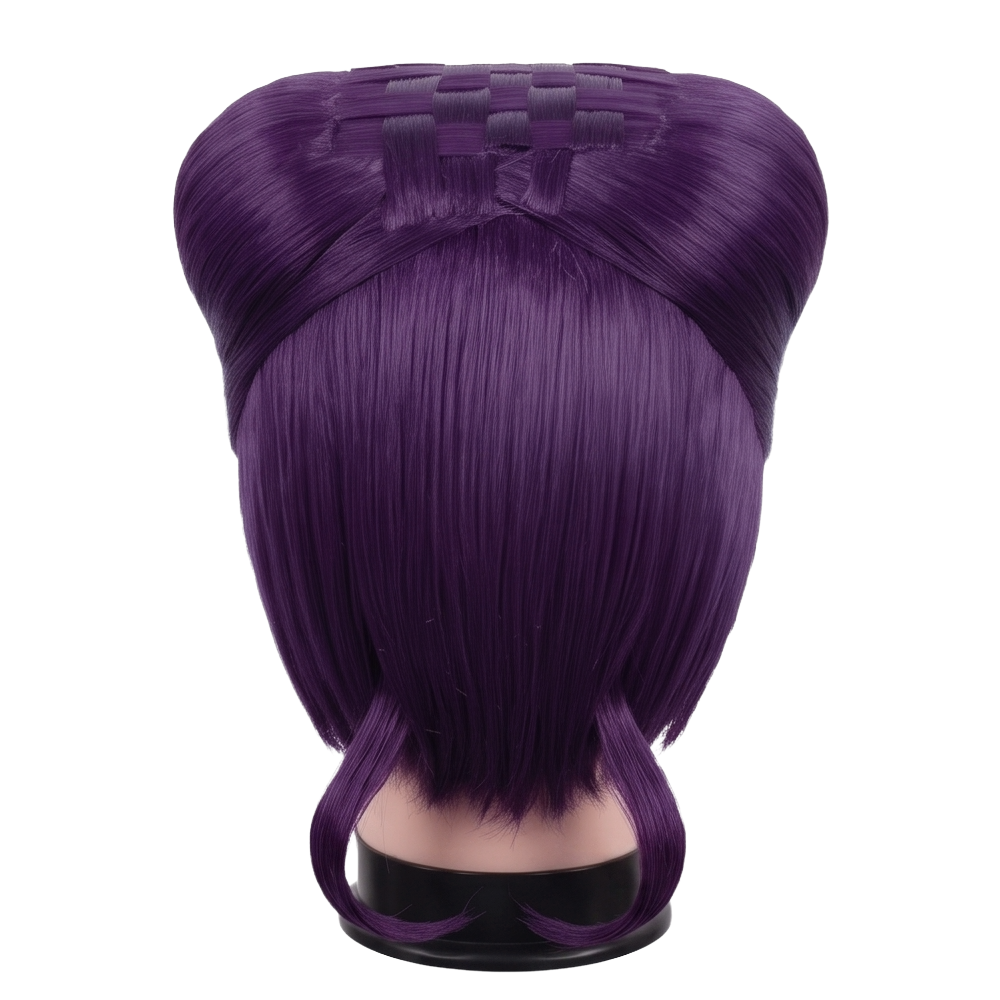 Back view of Josuke Higashikata cosplay wig showing the structured purple pompadour, layered synthetic hair, and distinctive high-volume hairstyle silhouette