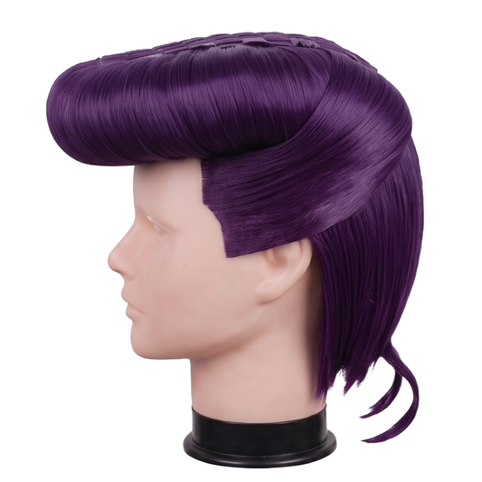 Right side view of Josuke Higashikata wig featuring the dramatic purple pompadour profile, smooth swept-back hair, and handcrafted cosplay styling