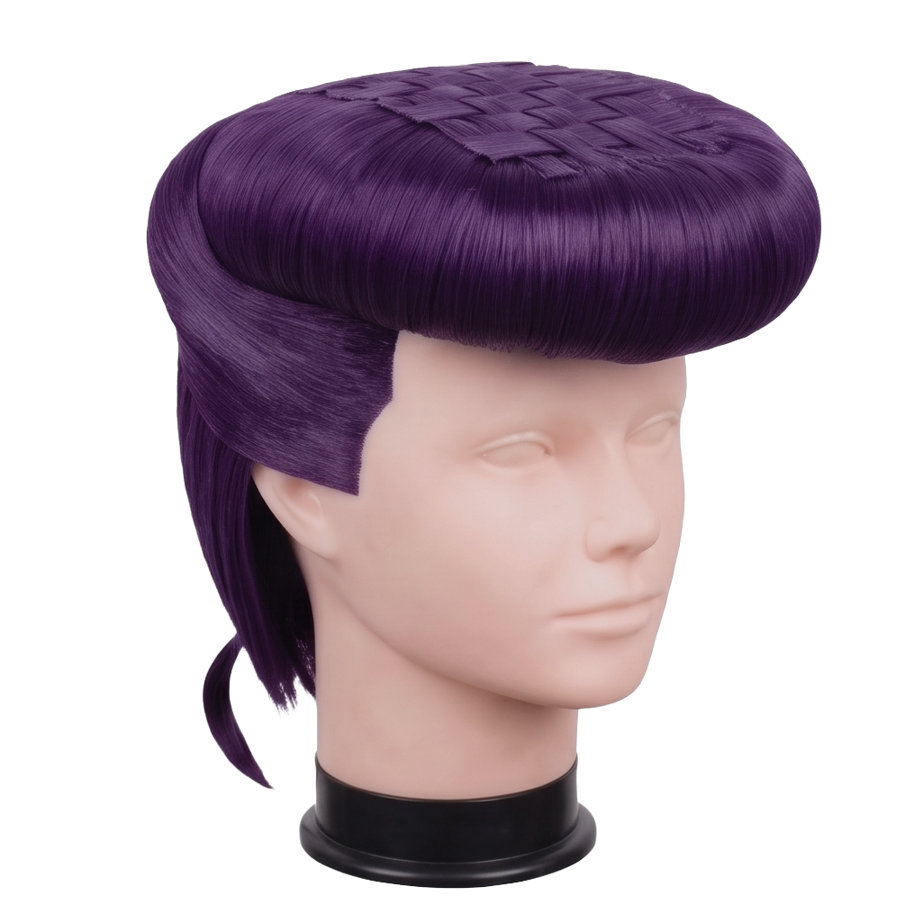 3/4 view of Josuke Higashikata cosplay wig displaying the iconic high-volume purple pompadour, sculpted layers, and character-accurate JoJo’s Bizarre Adventure styling