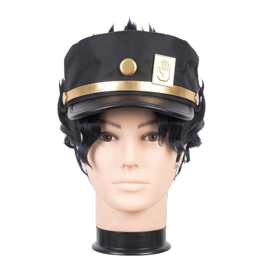 Jotaro Kujo cosplay wig from JoJo’s Bizarre Adventure featuring handcrafted dark layered hair with an iconic ornamented cap blending into the hairstyle for a character-accurate look