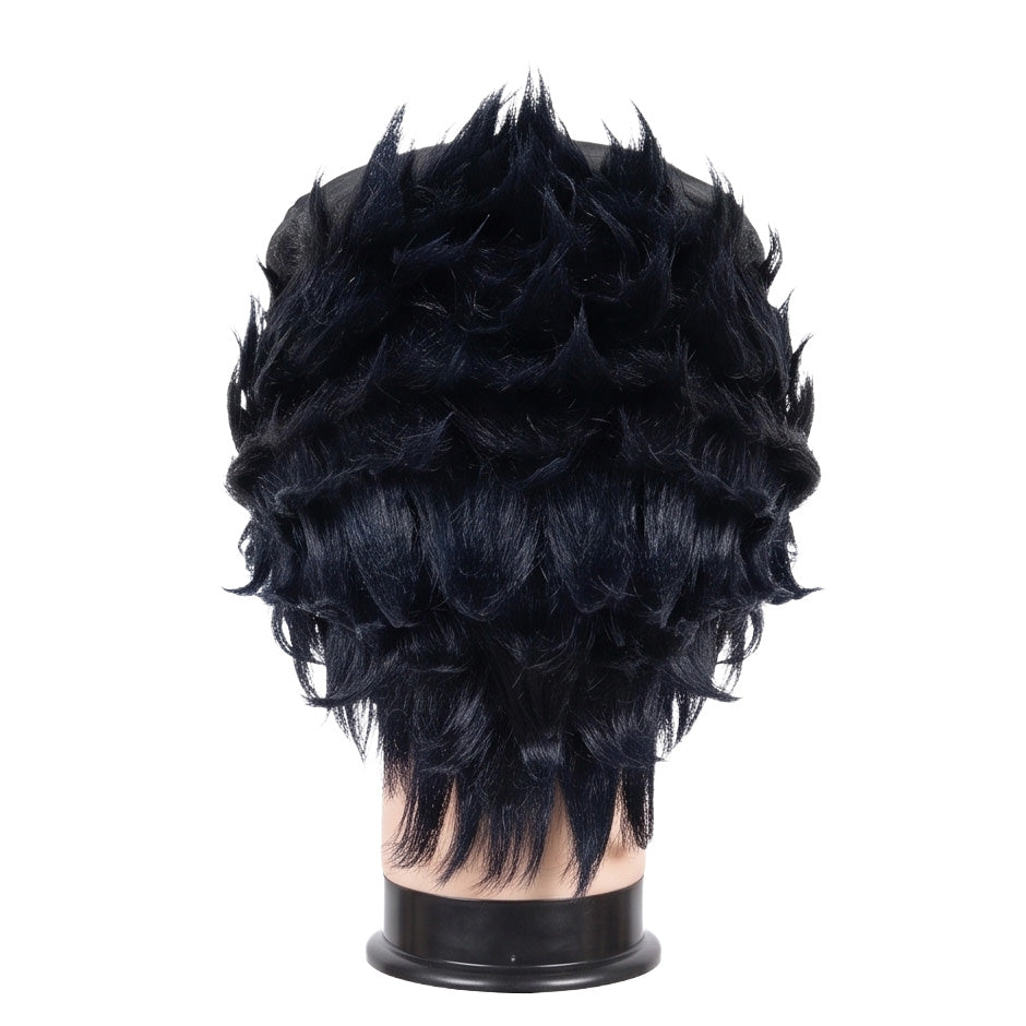 Back view of Jotaro Kujo cosplay wig showing dark layered hair, the extended torn cap section blending with the hair, and the signature character silhouette