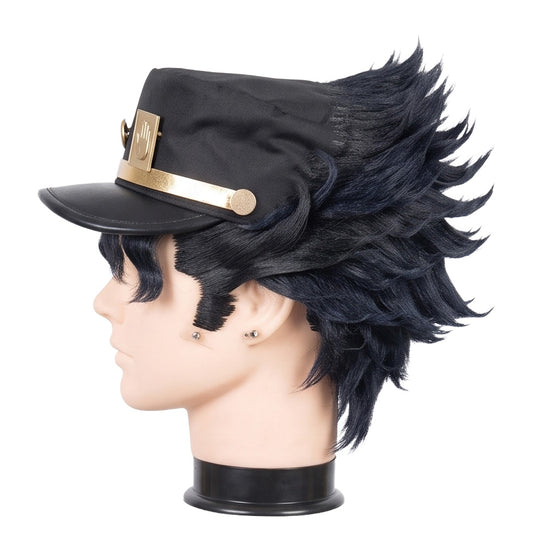 Left side view of Jotaro Kujo wig showing dark anime-style hair layers, integrated cap design, and the signature JoJo cosplay hairstyle details