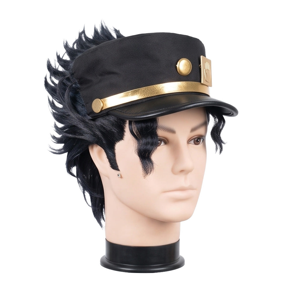 3/4 view of Jotaro Kujo cosplay wig displaying dark structured hair, seamless ornamented hat design, and handcrafted Stardust Crusaders character styling