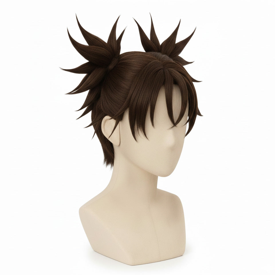 Side angle of the Choso cosplay wig showing the textured fibers and structured ponytail placement for accurate anime silhouette