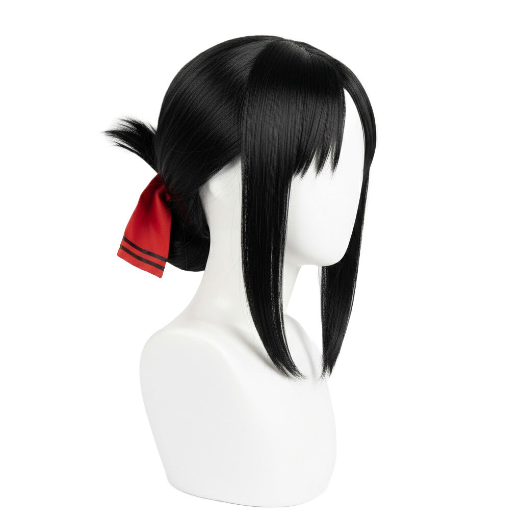 Side view of sleek black Kaguya wig for Love Is War cosplay