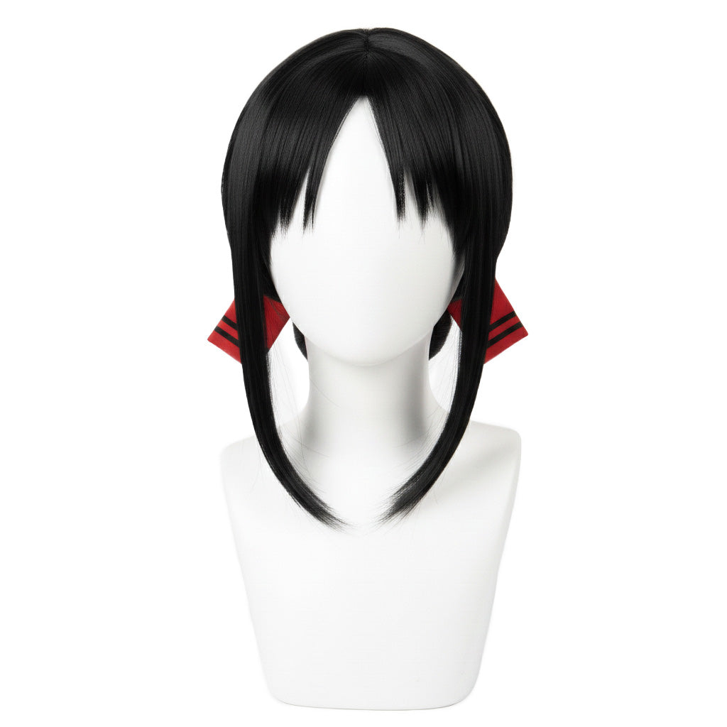 Front view of Kaguya Shinomiya black cosplay wig on mannequin
