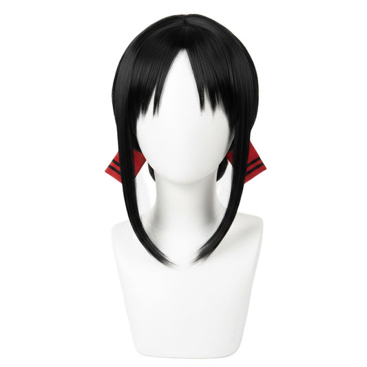 Front view of Kaguya Shinomiya black cosplay wig on mannequin