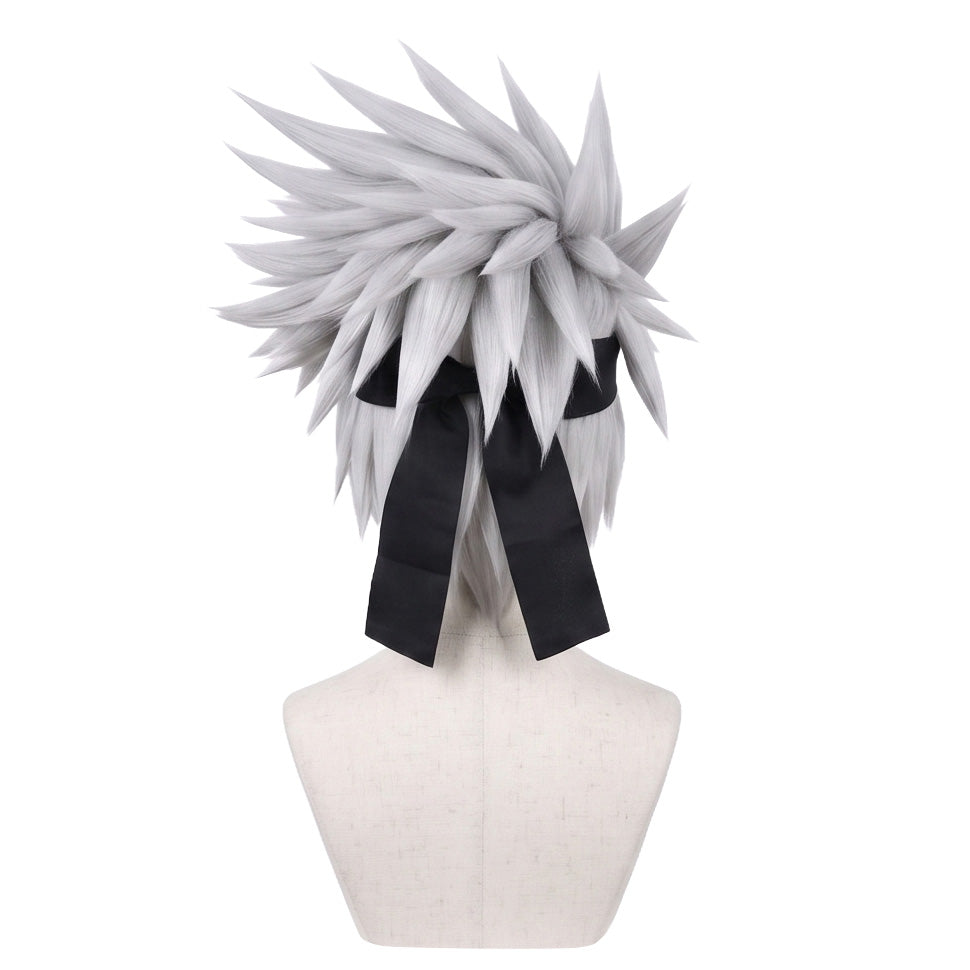 Back view of Naruto Kakashi cosplay wig with layered spikes