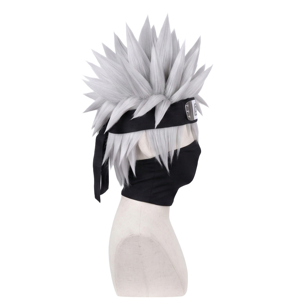 Side view of Kakashi wig showing left-swept silver hairstyle