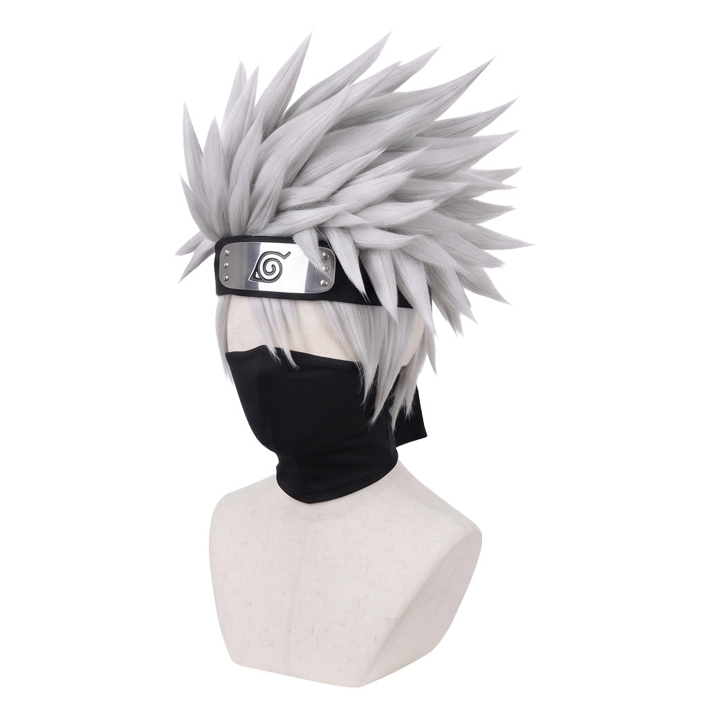 Kakashi Hatake cosplay wig displayed on mannequin with character-accurate styling