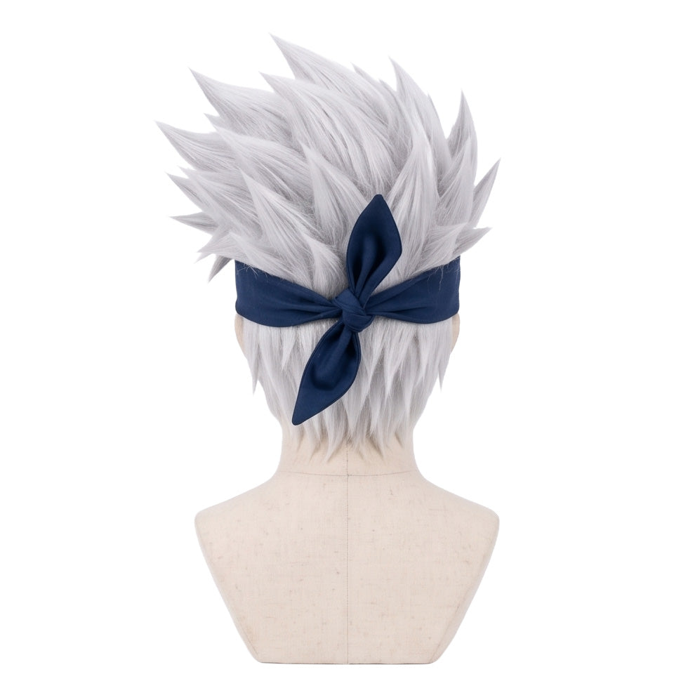 Back view of short spiky Kakashi cosplay wig with unstyled fibers