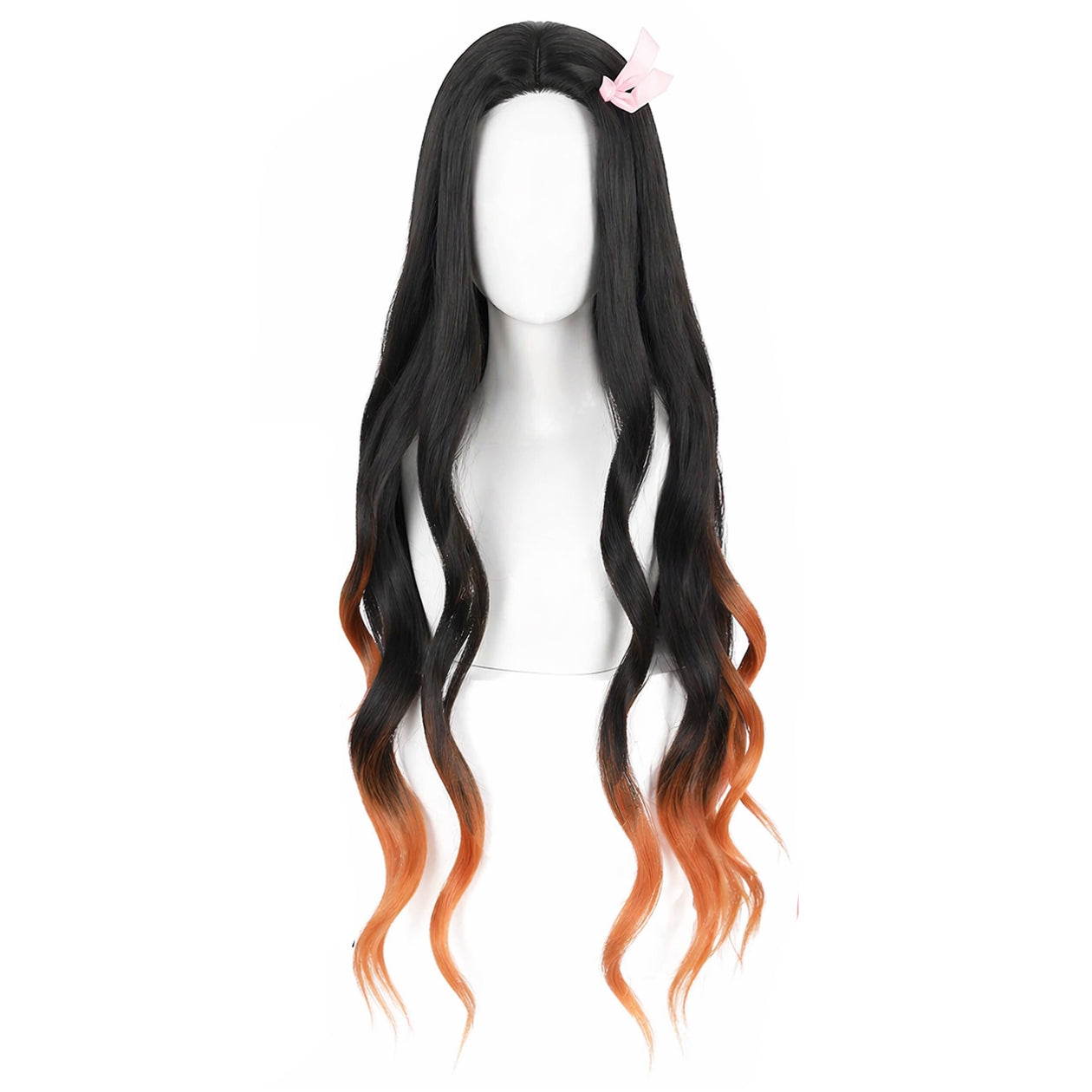 Front view of Nezuko Kamado cosplay wig with long black hair and orange tips