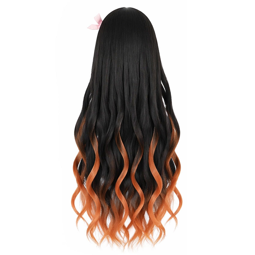 Back view of Nezuko Kamado wig displaying full length and orange accents