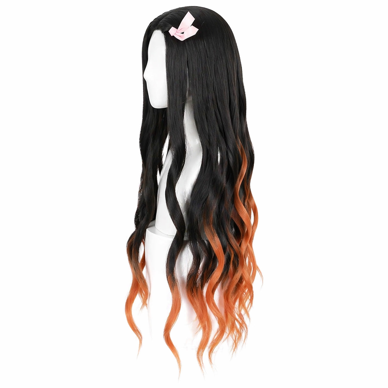 Side view of Nezuko wig showing length and layered tips