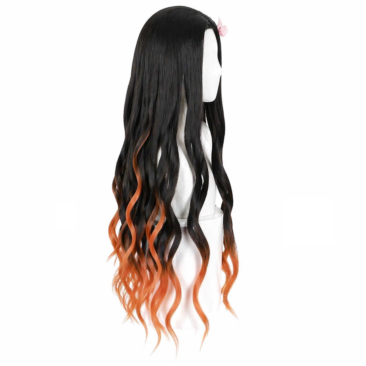 Right side view of Nezuko Kamado Black and orange ombre wig on a mannequin head against a white background