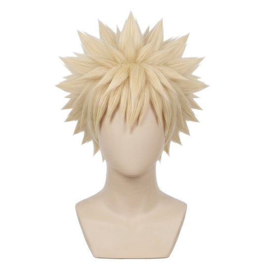 Front view of Katsuki Bakugo cosplay wig with spiky sandy blond hair