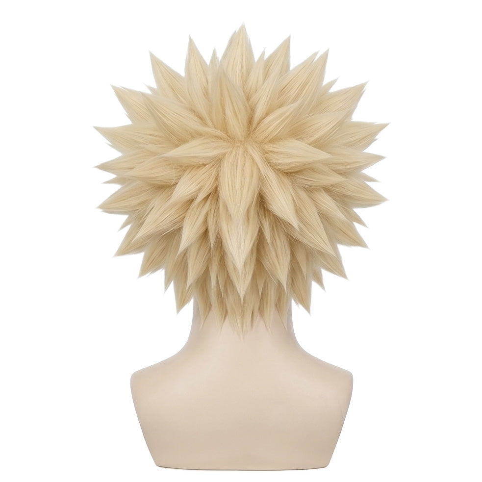 Back view of Katsuki Bakugo wig with layered spiky blond styling