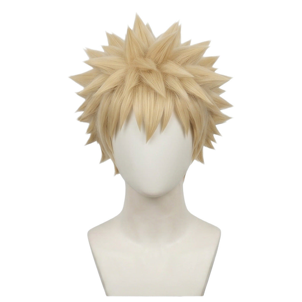 Bakugo cosplay wig on mannequin for anime-accurate styling reference