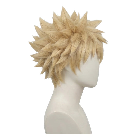Side view of unstyled Bakugo wig with spiky ash-blonde fibers