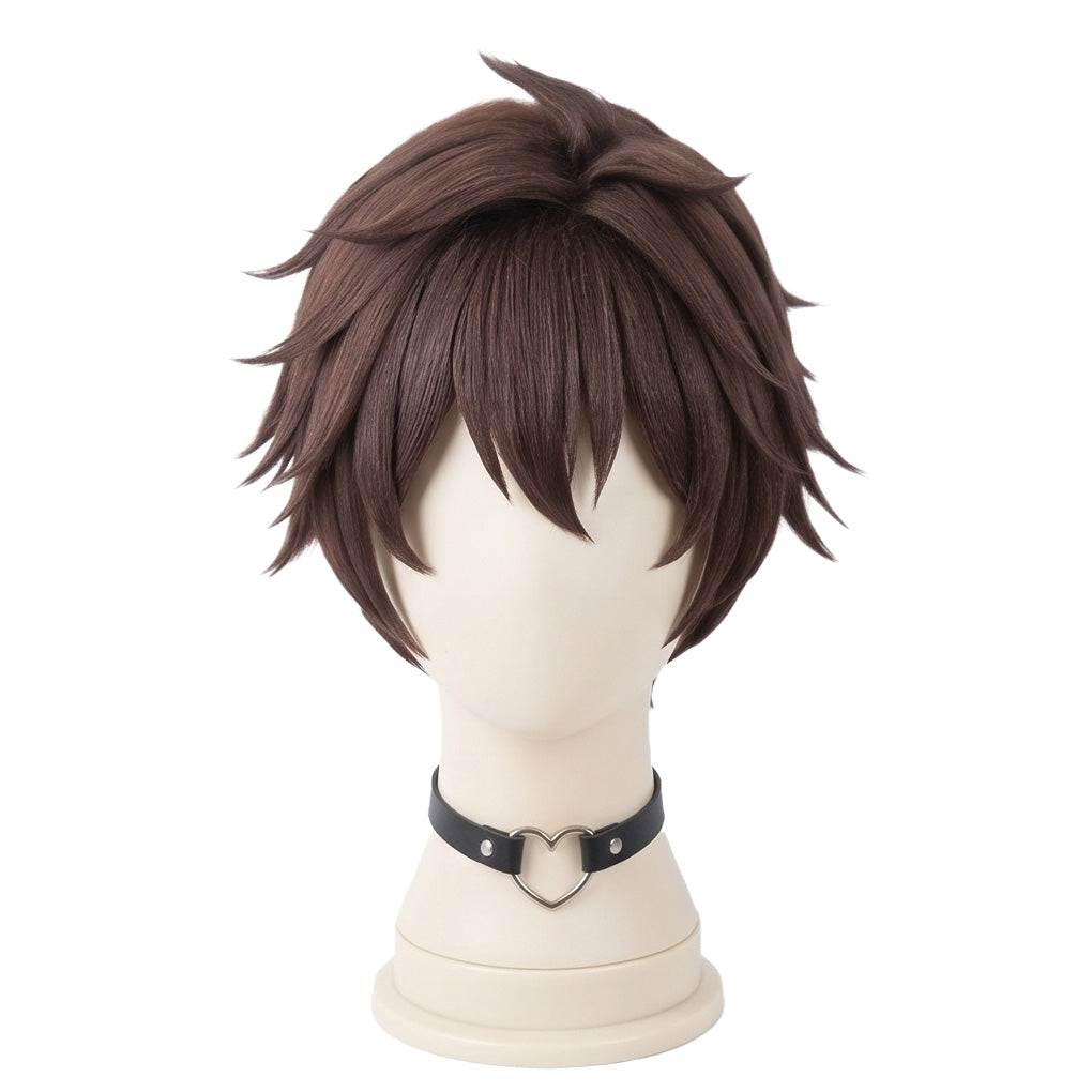 Kazuma Satou cosplay wig from KonoSuba featuring a handcrafted short brown anime hairstyle with layered bangs and a natural adventurer character look