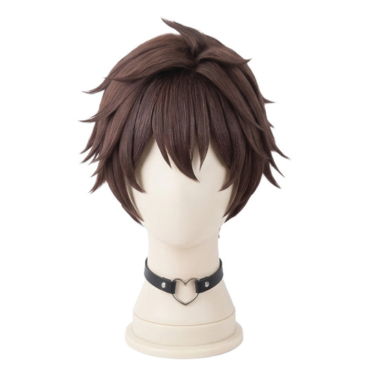 Kazuma Satou cosplay wig from KonoSuba featuring a handcrafted short brown anime hairstyle with layered bangs and a natural adventurer character look