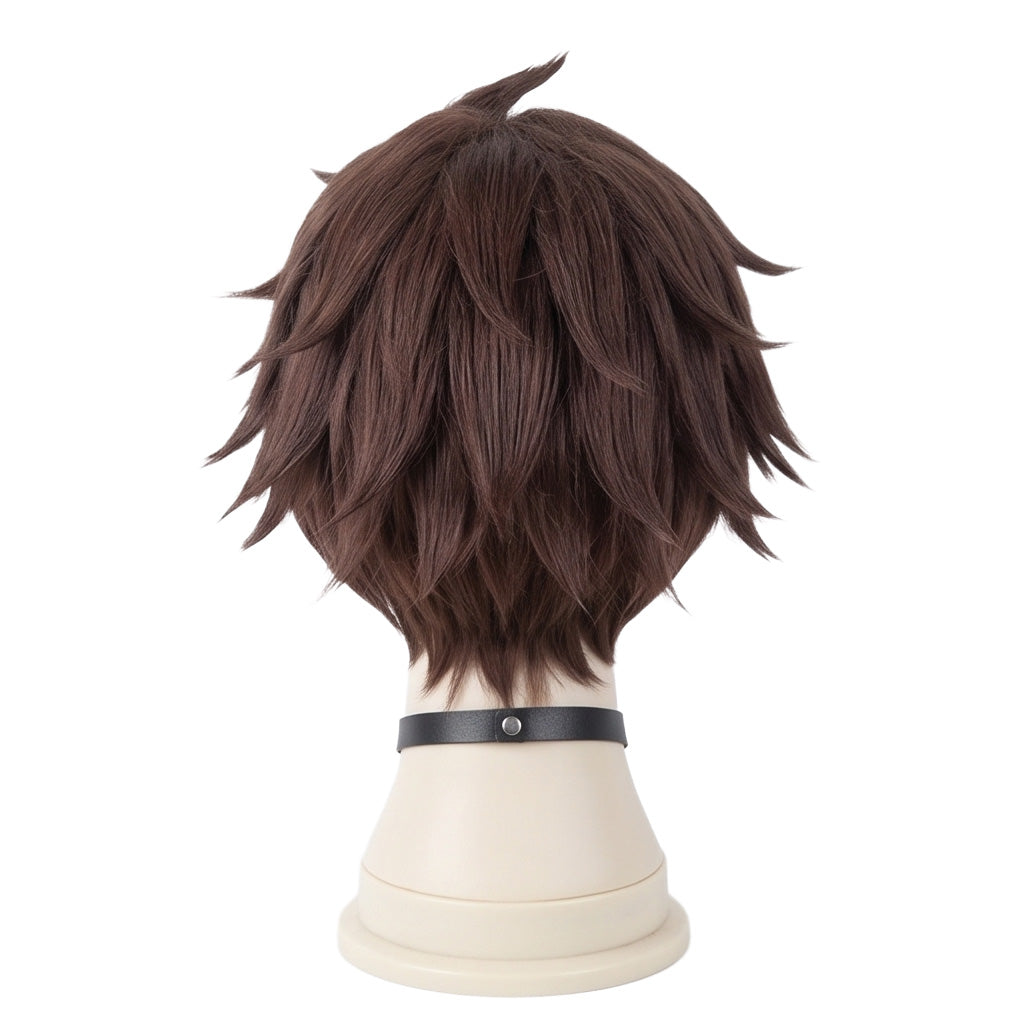 Back view of Kazuma Satou wig featuring short layered brown hair, smooth textured fibers, and the casual adventurer hairstyle silhouette from KonoSuba