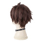 Side view of Kazuma Satou wig showing short brown layered hair, textured anime styling, and professionally crafted KonoSuba cosplay wig details