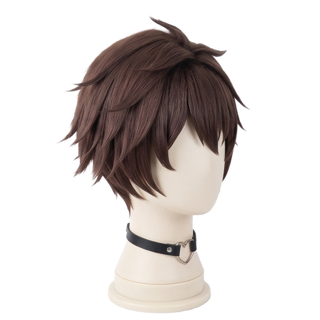 3/4 view of Kazuma Satou cosplay wig displaying messy brown layers, natural volume, and handcrafted anime character hairstyle design